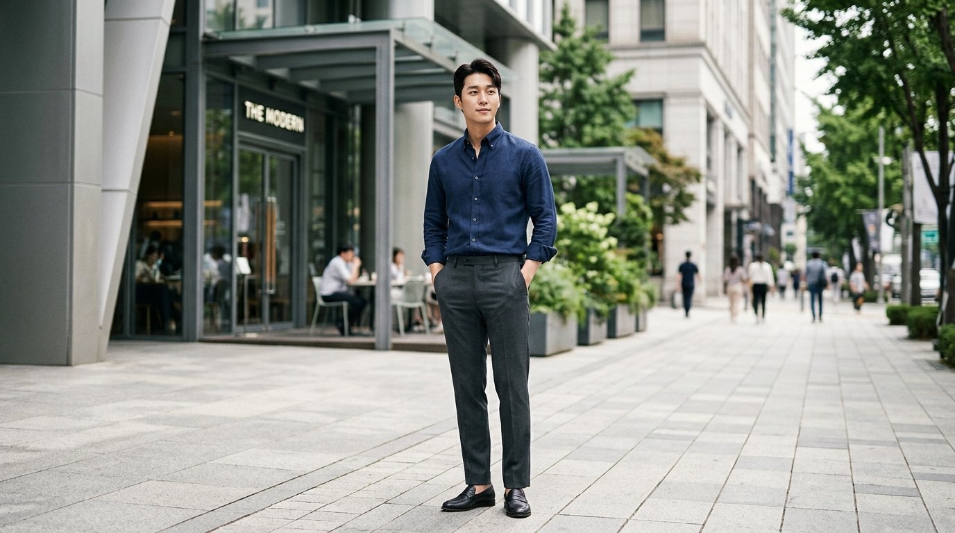 도시 풍경에 놓인 긴팔셔츠와 다양한 스타일링 제품들