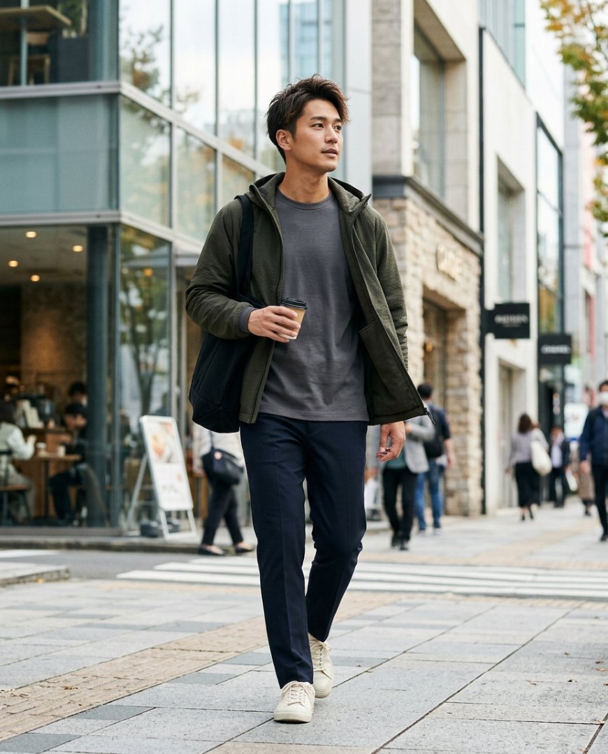 도심에서 슬랙스와 긴팔티를 레이어링한 스타일로 걷고 있는 모습