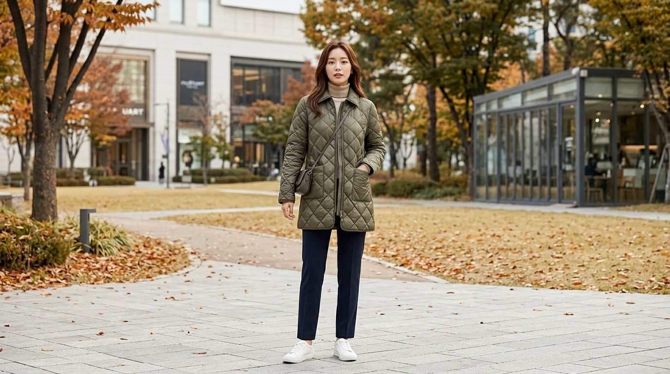 야외 풍경 속 퀼팅자켓 착장 모델들