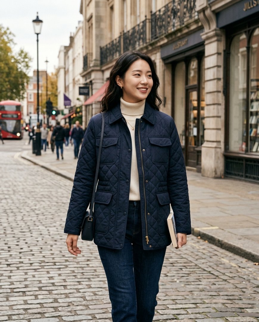 여행 도시 거리의 퀼팅자켓 착장