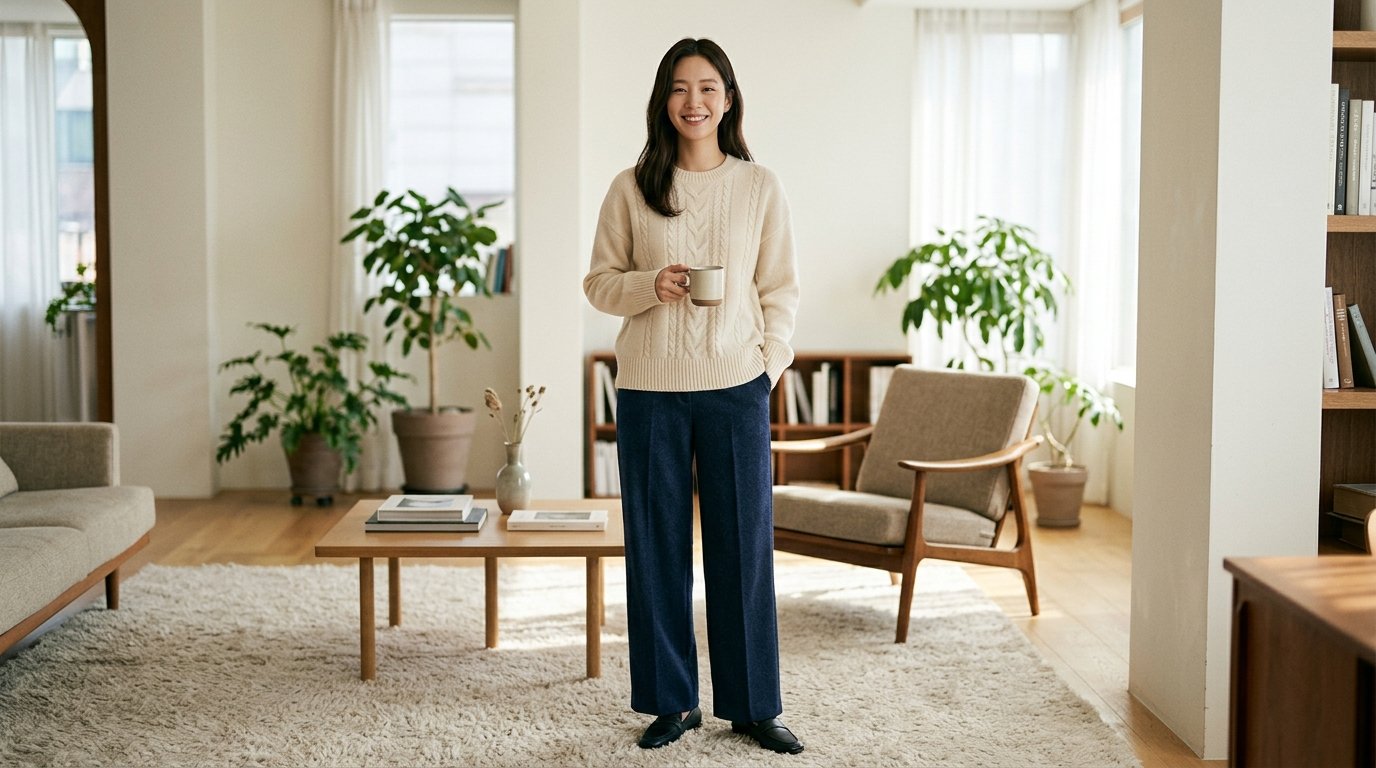 우아한 스웨터가 걸린 실내 진열장의 모습