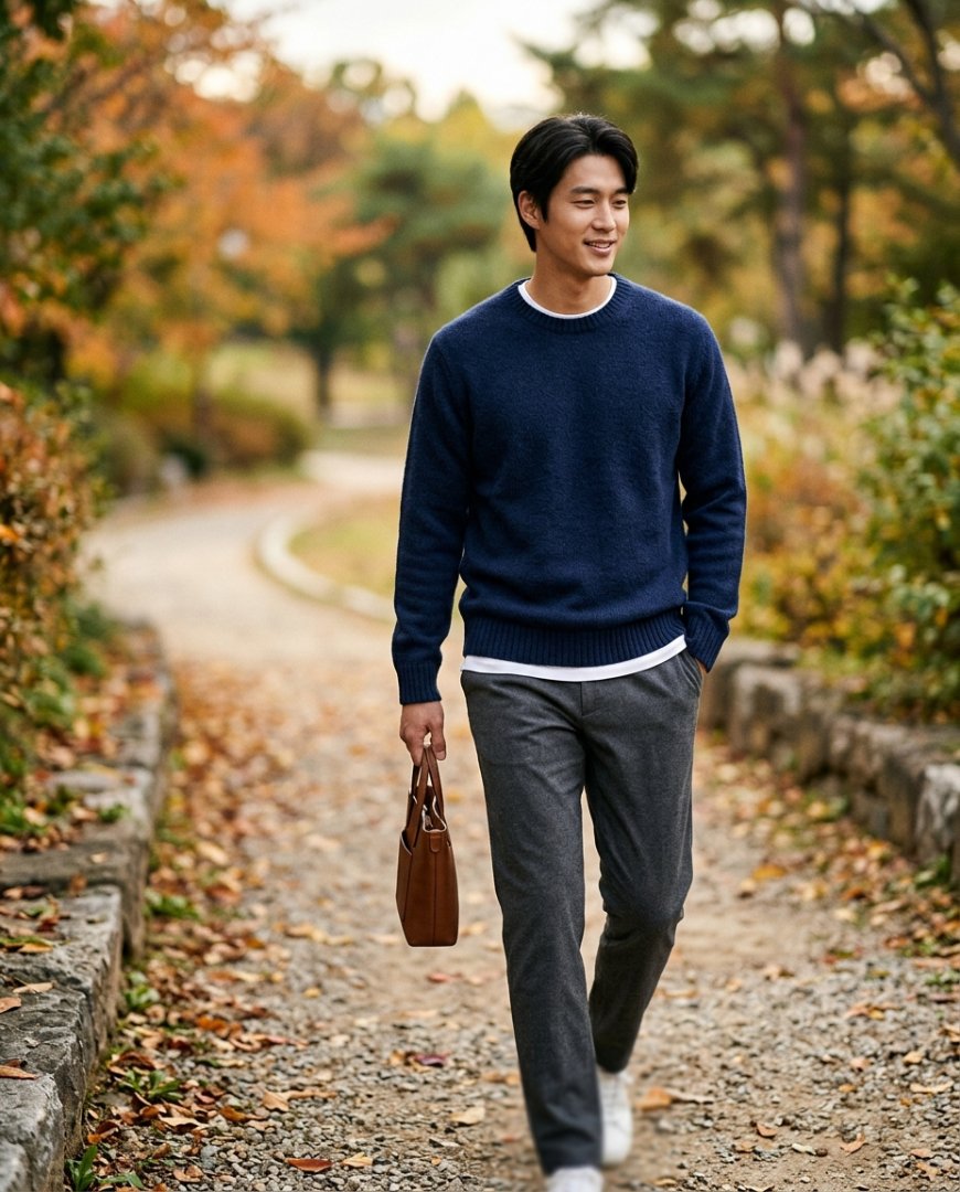 편안한 네이비 스웨터로 도시 거리를 걷는 사람