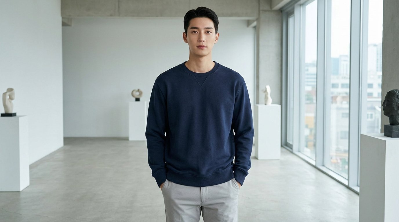 다양한 스타일의 맨투맨이 깔끔하게 정렬된 모습