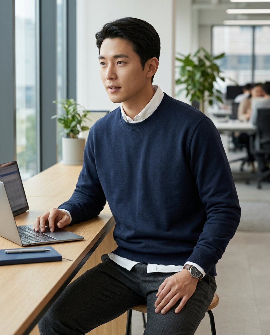 오피스에서 어울리는 맨투맨, 슬랙스와 로퍼 코디