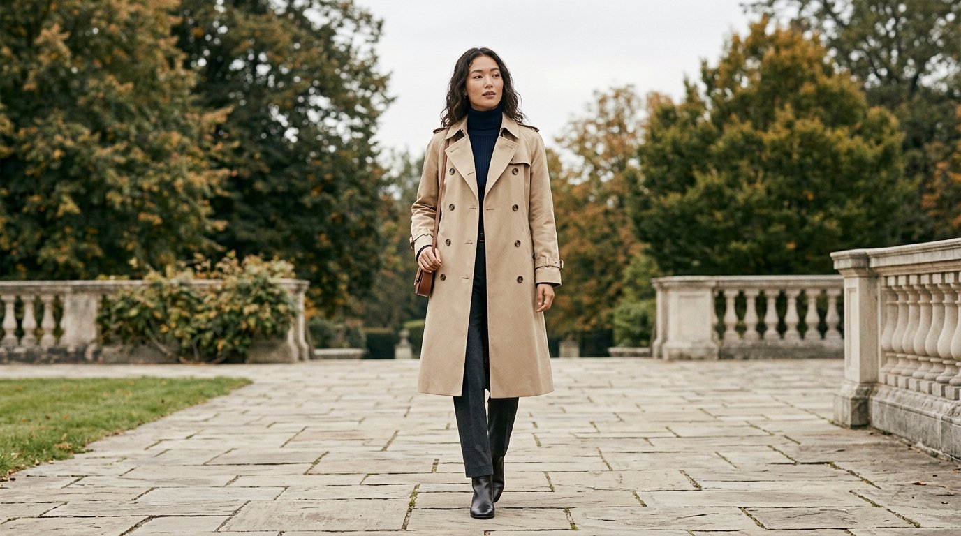 부티크 창에서 진열된 다양한 트렌치코트