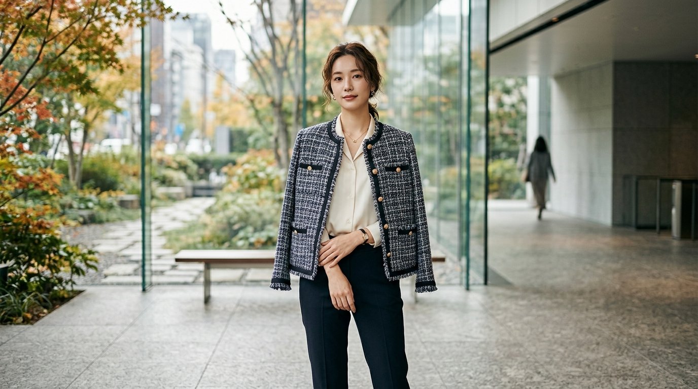 멀티 컬러의 트위드 자켓들이 행거에 걸린 전경