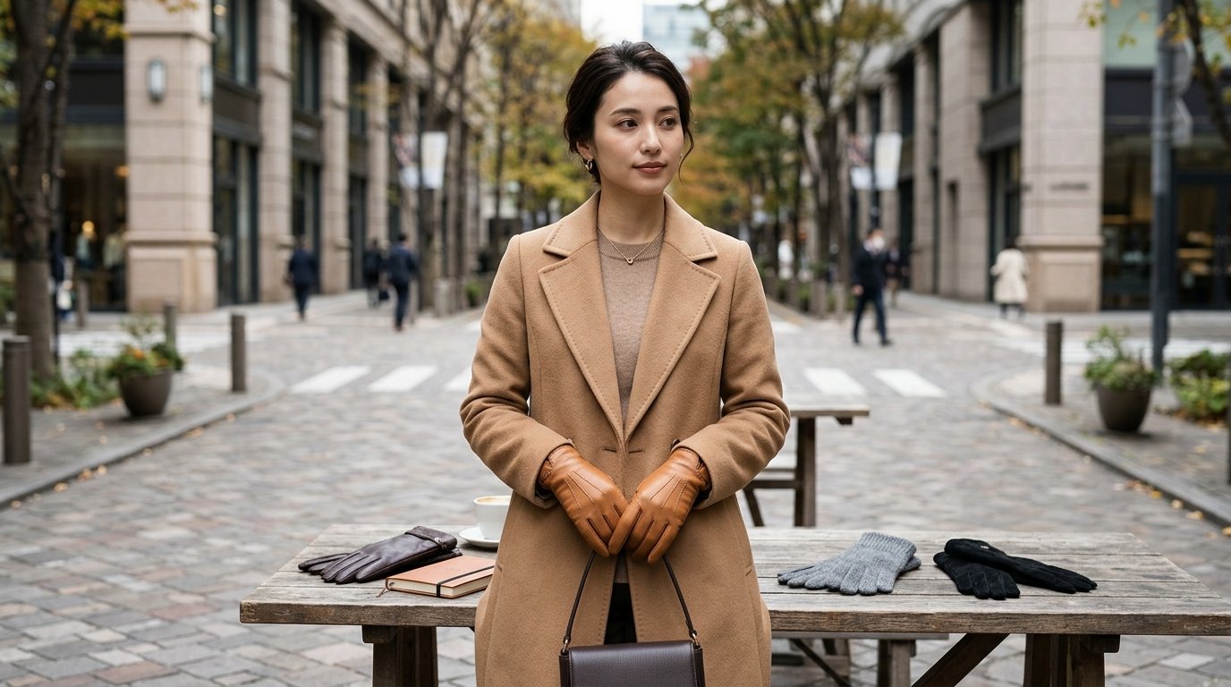 도시의 거리에서 장갑을 착용한 여성의 모습