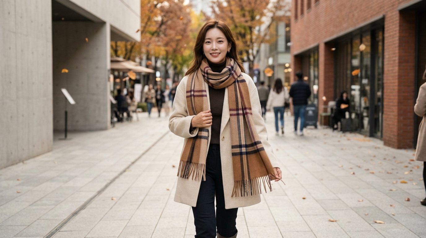 도시 공원에서 겨울 패션과 캐시미어 머플러의 조화로운 순간