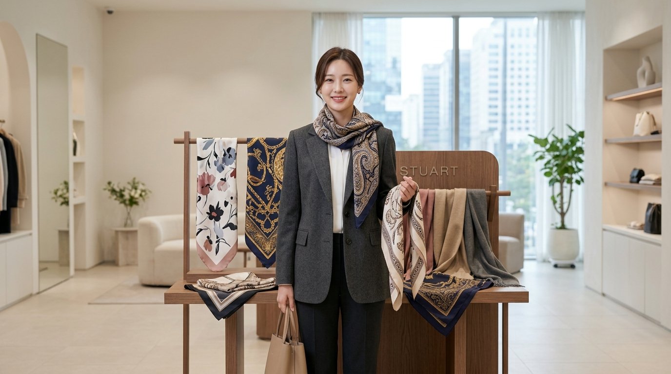 번화한 도시 거리에서 여러 스카프를 매치한 모습