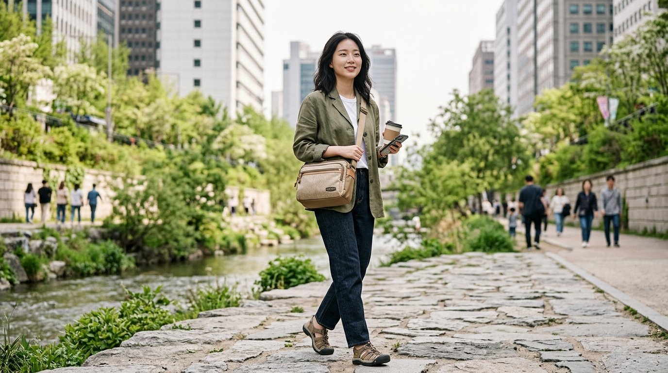 여러 크로스백을 벤치에 놓고 자연광에서 촬영한 장면