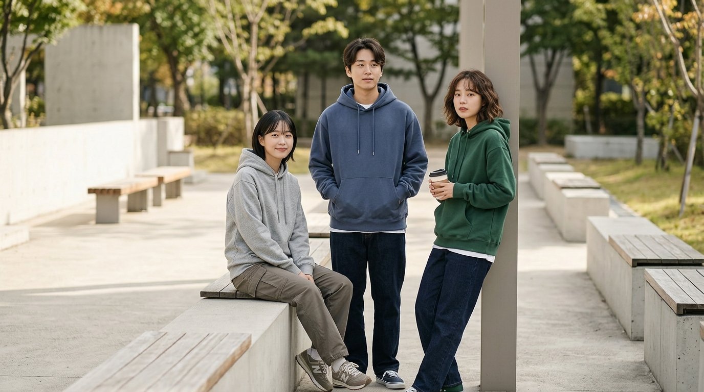 여러 명이 공원에서 후드티셔츠를 입고 모임을 즐기는 장면입니다.