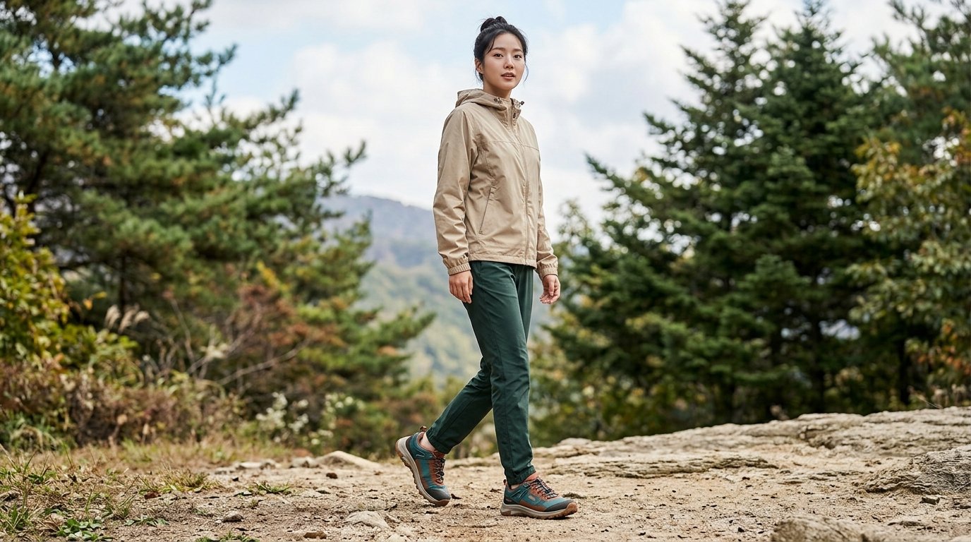 여러 가지 운동화가 놓인 야외 도시 배경 장면