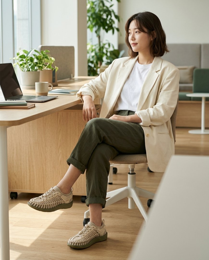 사무실에서 슬랙스와 매치된 스니커즈