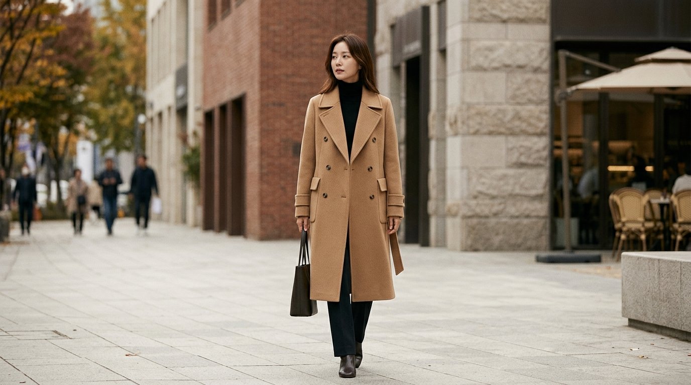 남성이 도시 배경에서 코트를 입고 산책하고 있는 장면