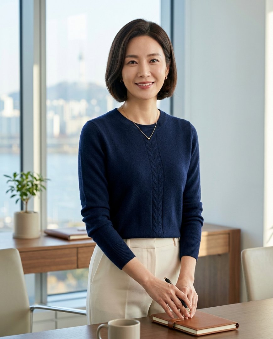 깔끔한 조직감의 네이비 니트가 흰 셔츠와 함께 테이블 위에 놓인 모습입니다.
