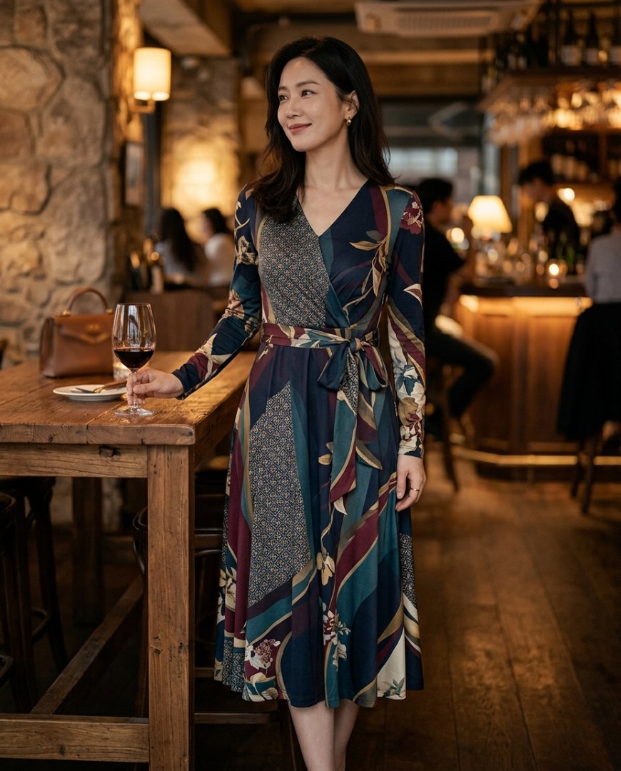 도시 거리에서 산책 중인 캐주얼한 원피스 차림