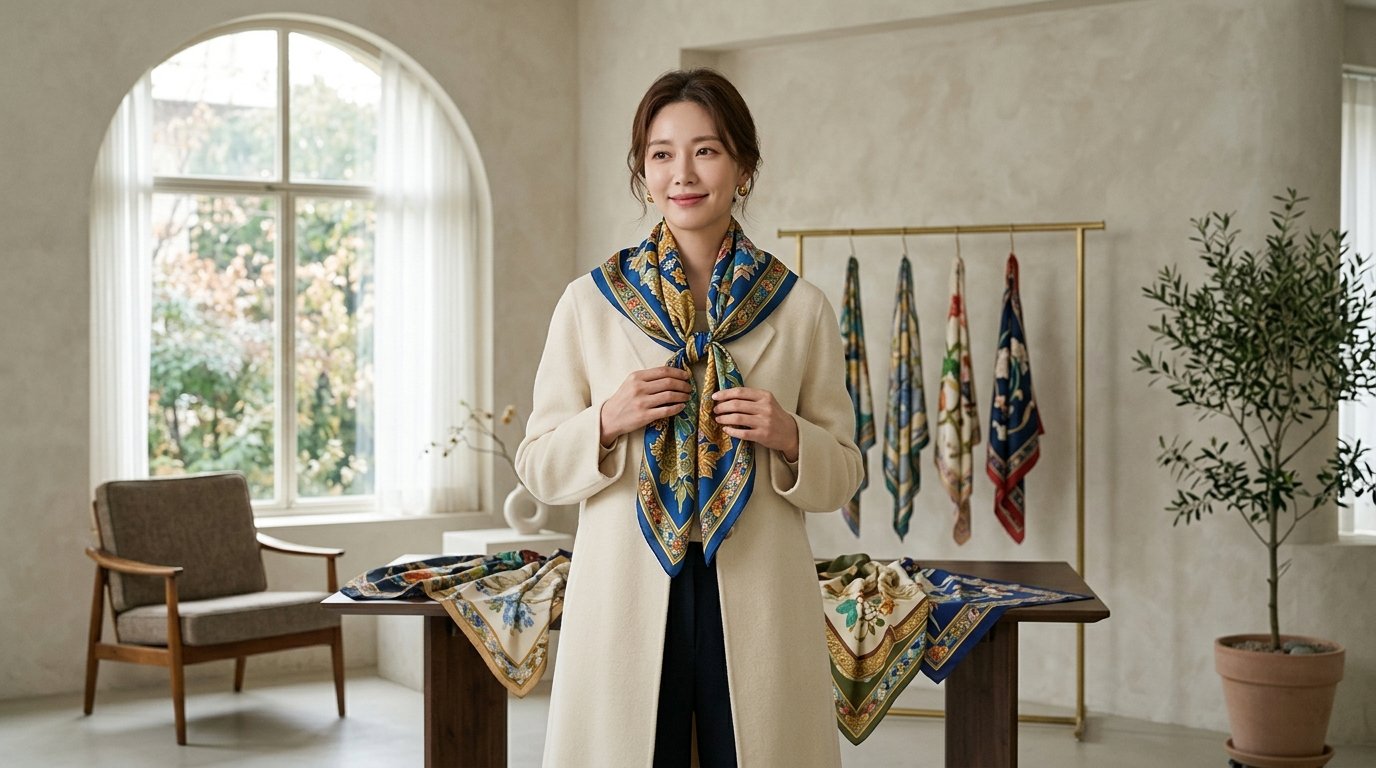 도시 풍경을 배경으로 다양한 스카프가 놓인 장면