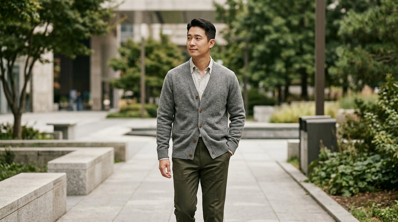 봄날의 공원에서 다양한 색상의 가디건을 착용한 모델들