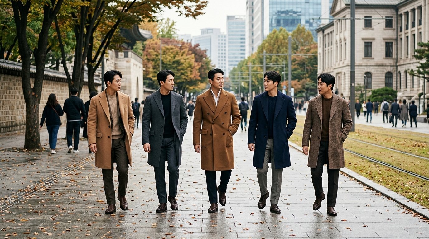 도시 배경에서 그레이 롱코트를 입은 남성