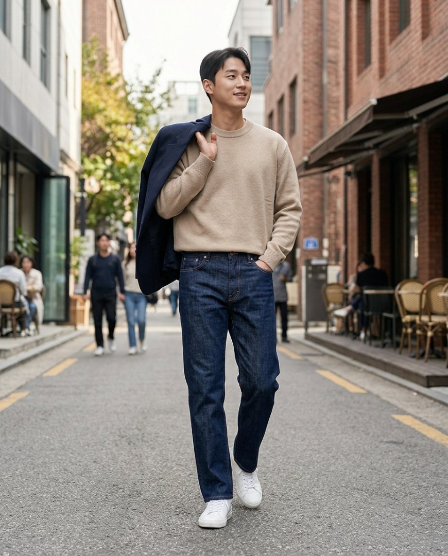 캐주얼한 셔츠와 조합된 베이지 데님팬츠