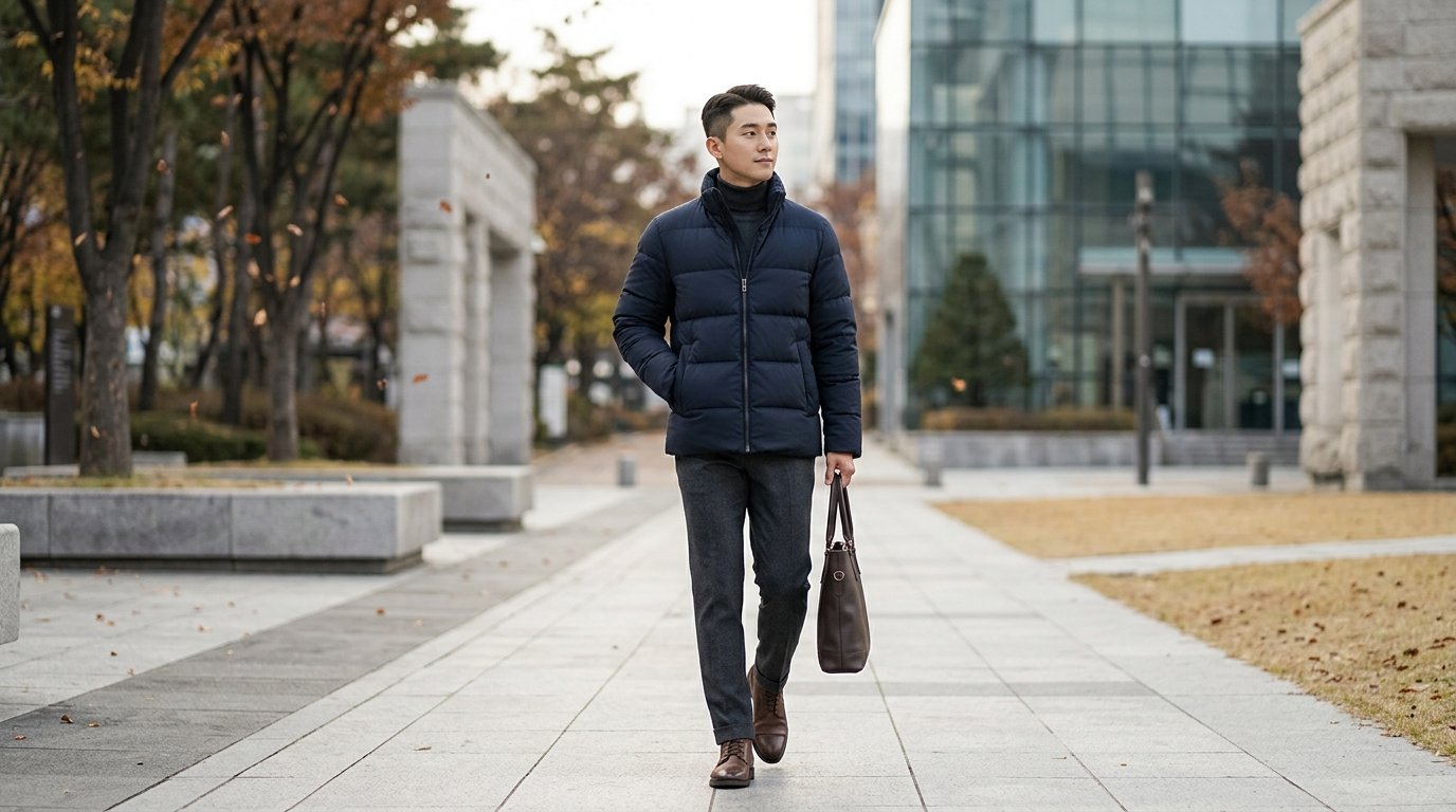 다양한 다운점퍼 스타일로 옷을 입은 사무실 사람들 모습