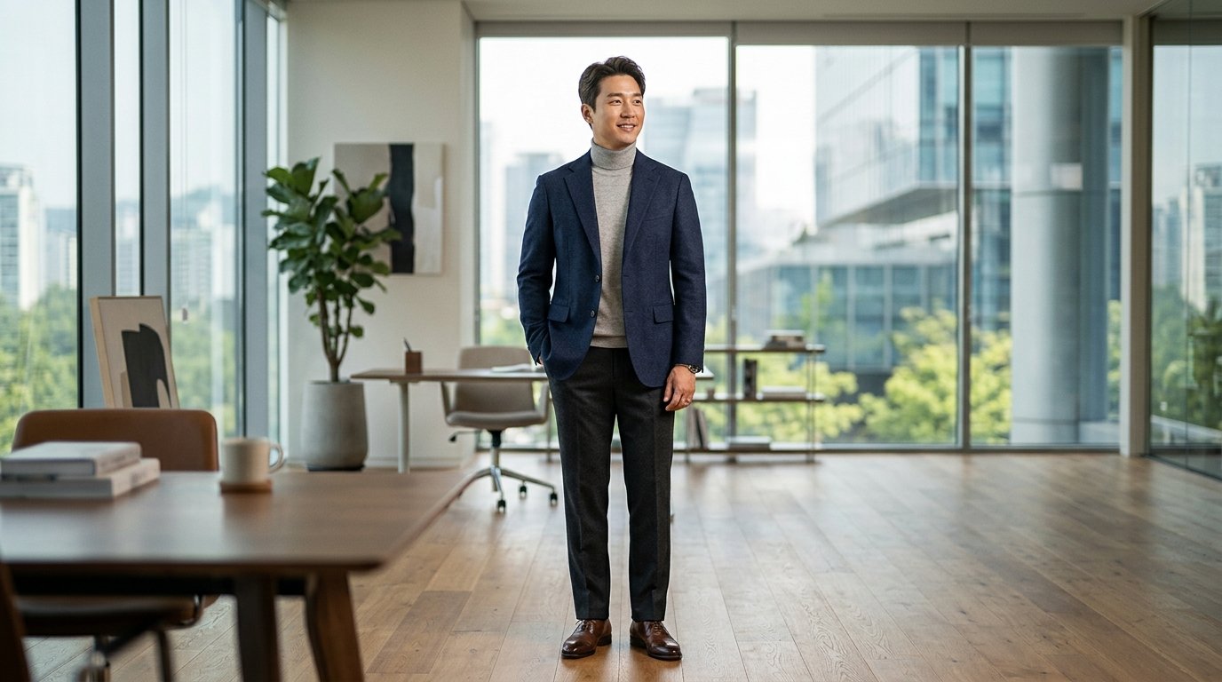 도심 속 카페 테라스에서 자켓과 셔츠, 슬랙스 착장