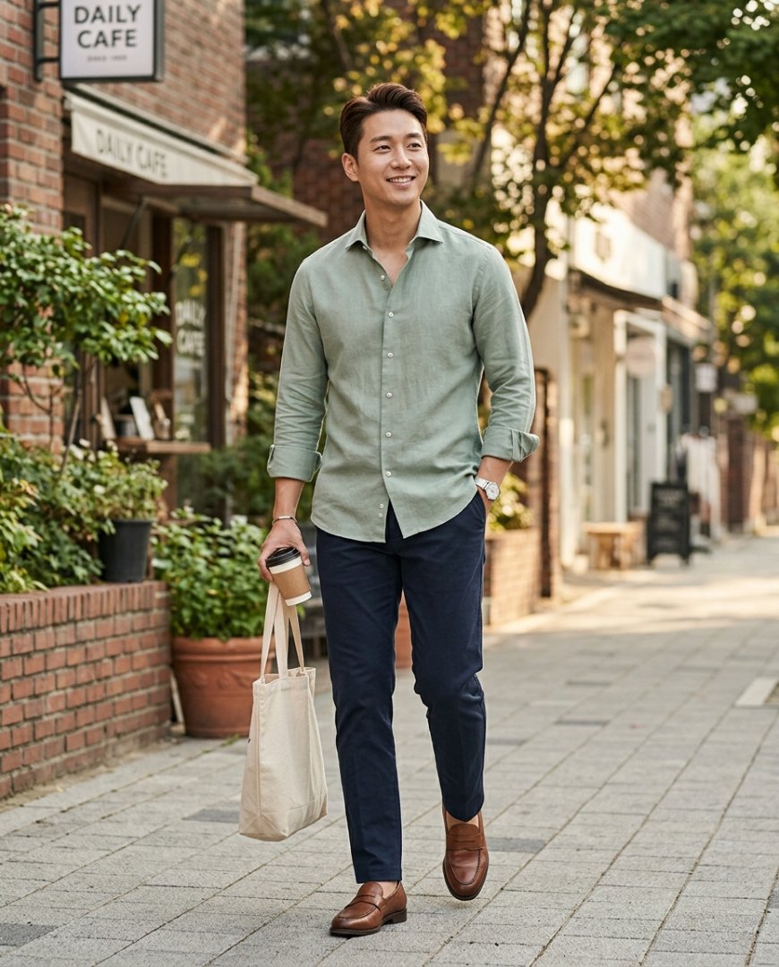 도심 공원에서 데님과 스니커즈를 신은 캐주얼 셔츠 스타일링