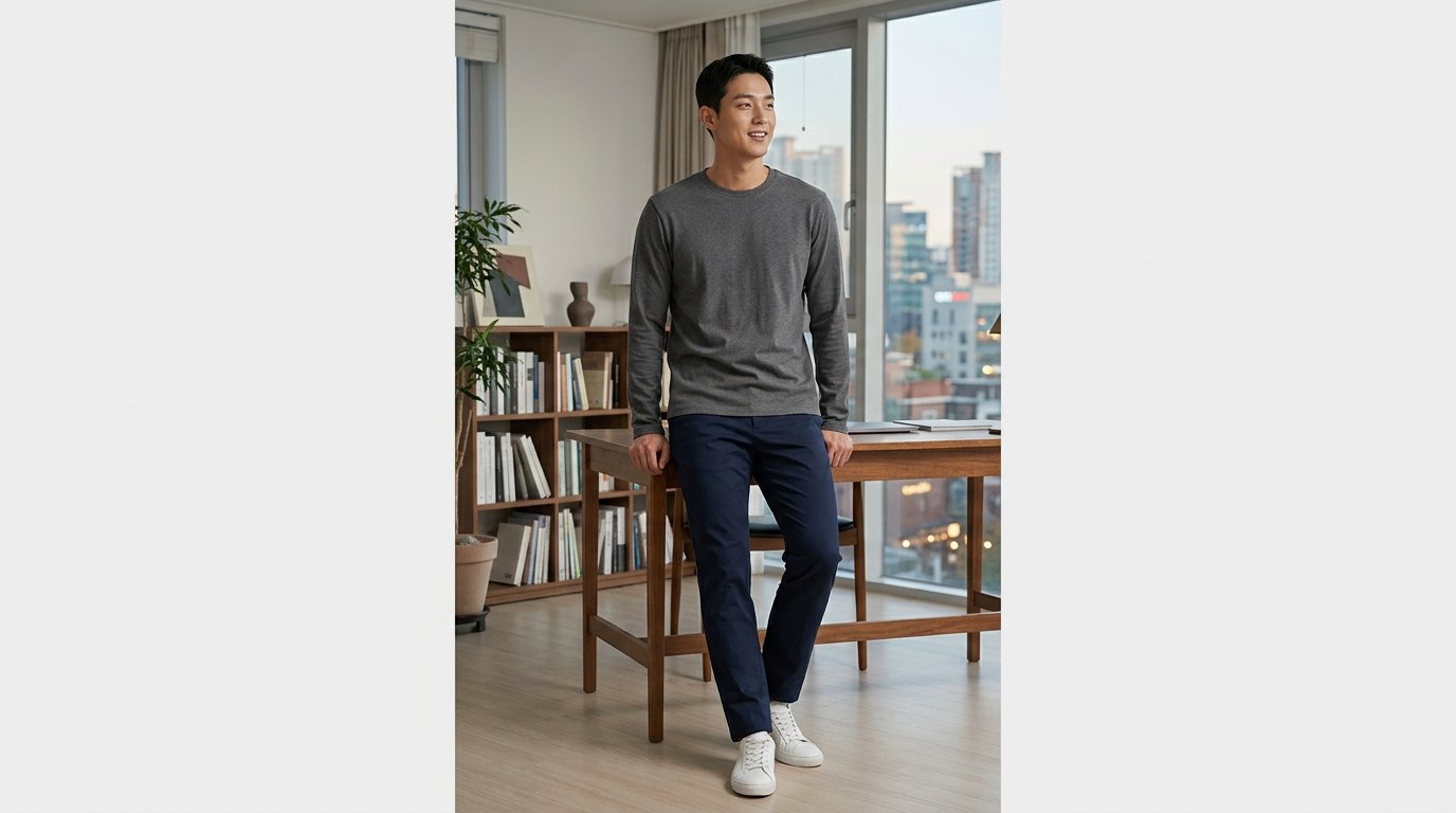 패션 쇼룸에서 다양한 긴팔 셔츠 스타일을 전시하고 있는 장면