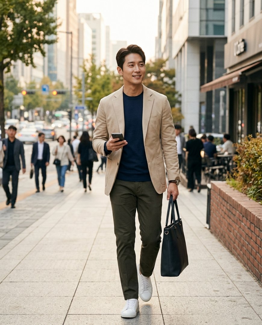 사무 공간에서 긴팔티와 슬랙스를 레이어링한 모습