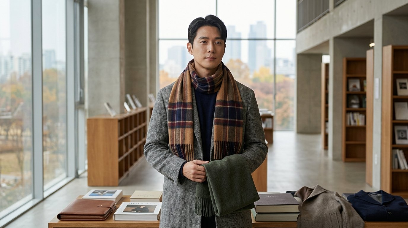 다양한 질감의 스카프와 머플러가 전시장에 진열된 모습