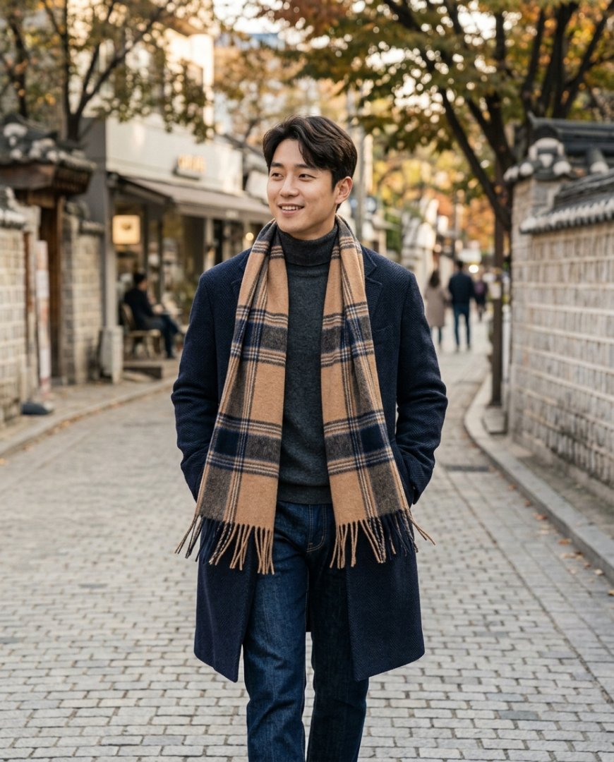도시 속에서 캐주얼한 스타일로 청바지와 스카프를 매치한 모습