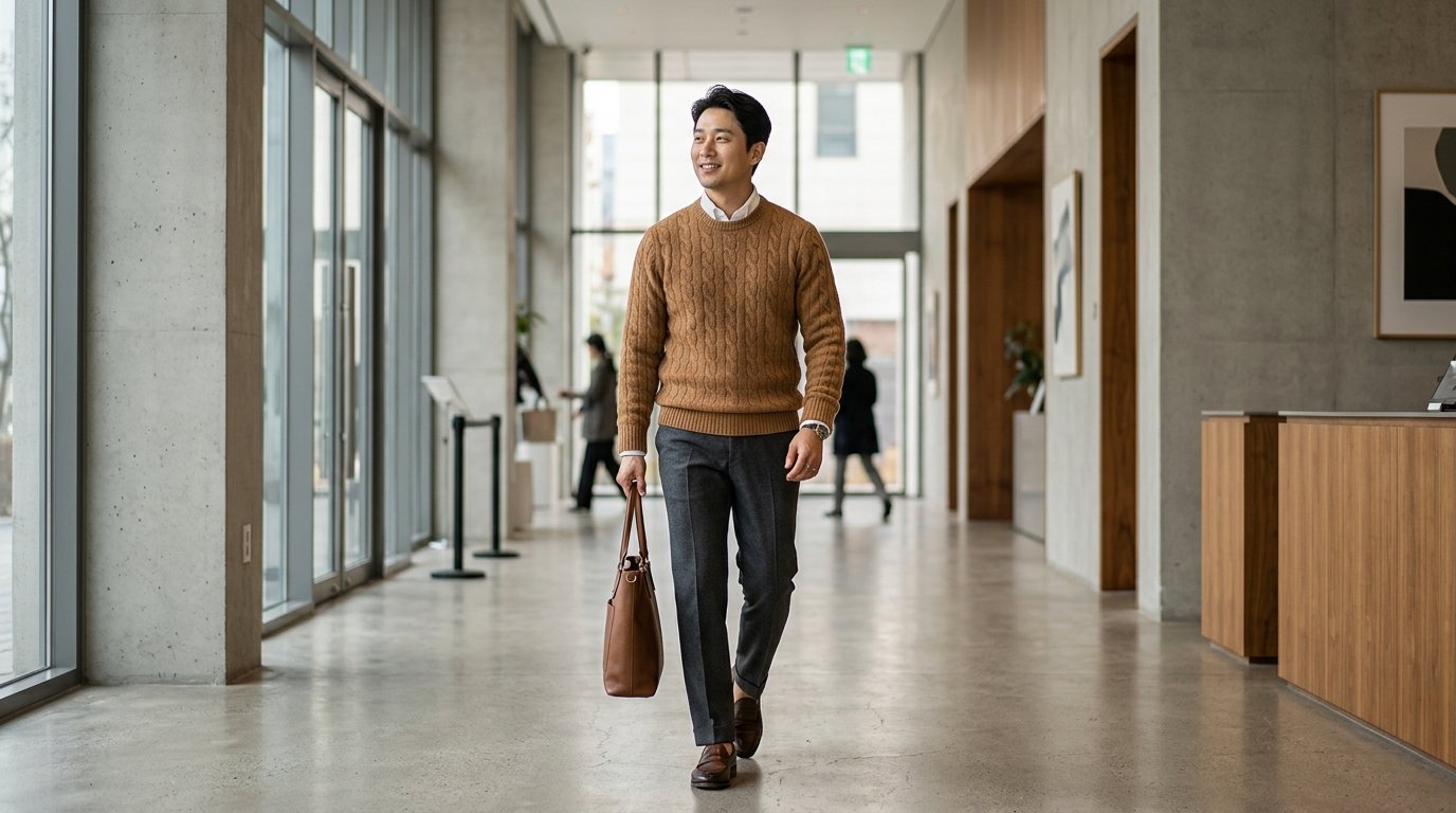 매장에서 스웨터와 슬랙스를 착용한 마네킹들, 부드러운 조명 아래
