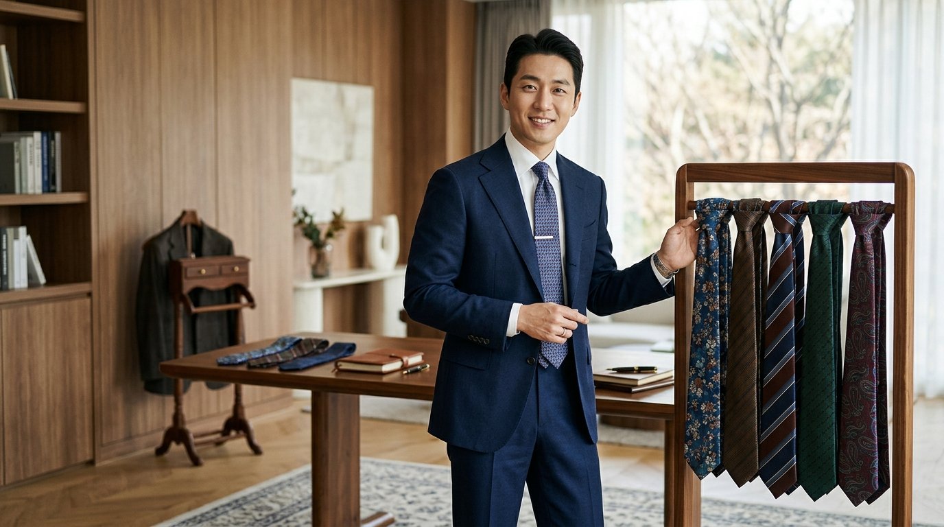 다양한 실크 넥타이가 깔끔하게 배열된 장면
