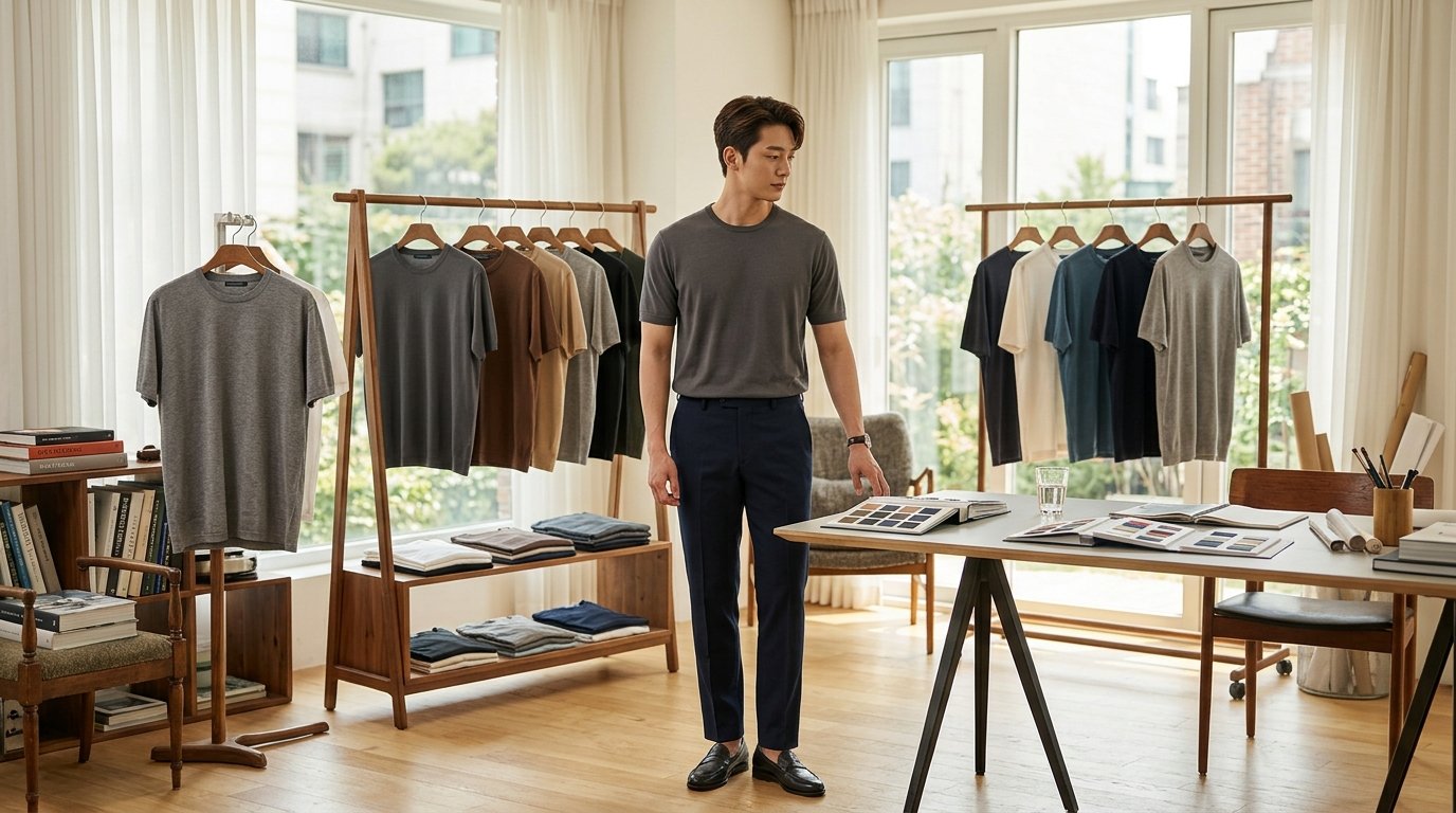 각기 다른 티셔츠가 정돈되어 놓인 화면