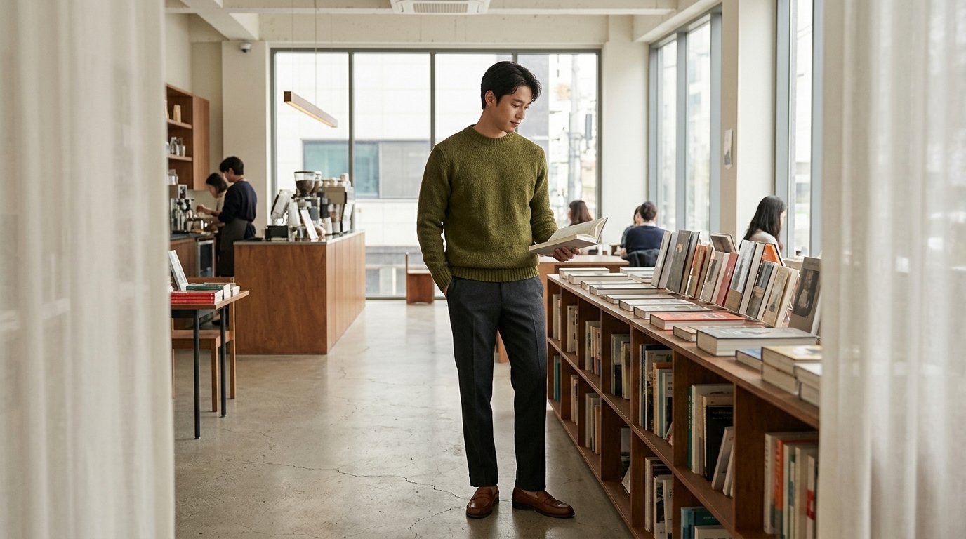 도심 거리에서 다양한 니트를 겹쳐 입은 모습
