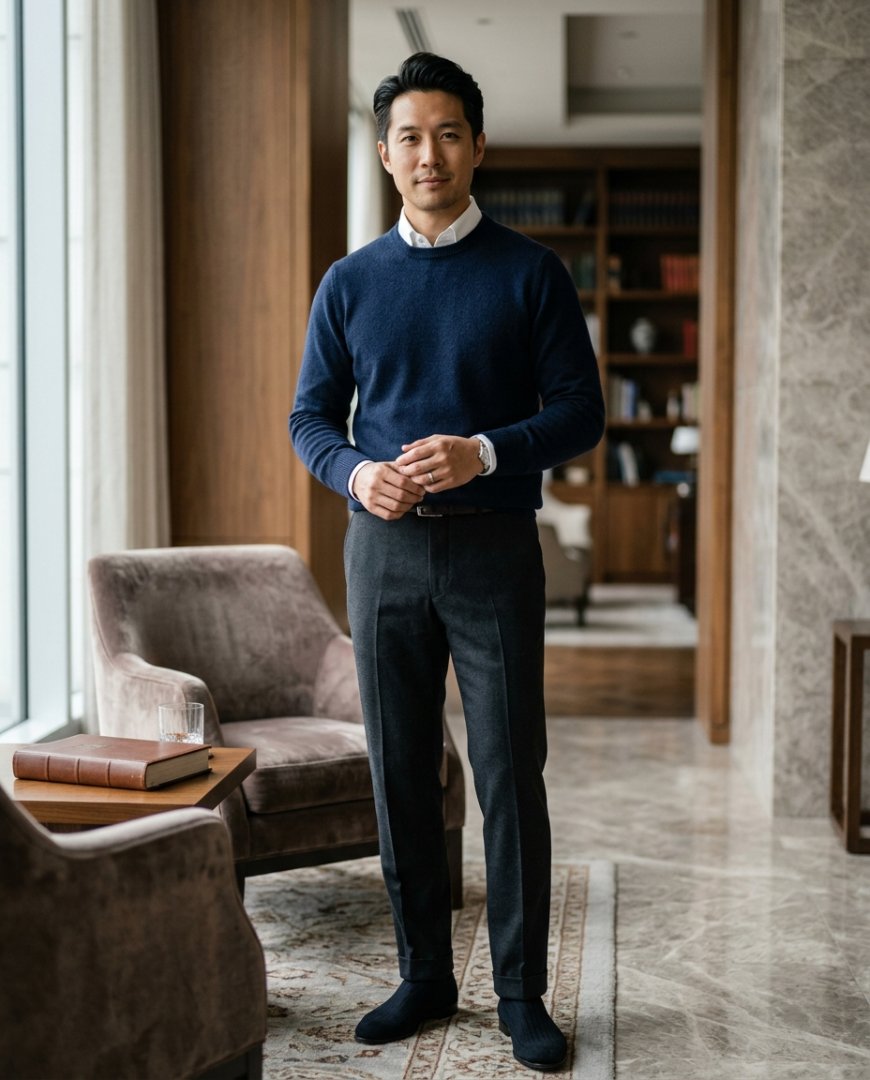 정갈하게 스트럭처드 니트와 슬랙스를 입고 업무를 보는 모습