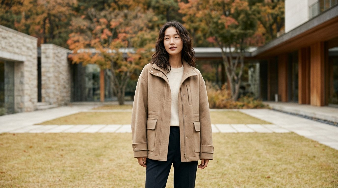 도심 거리에서 다양한 캐주얼 점퍼를 입은 마네킹들