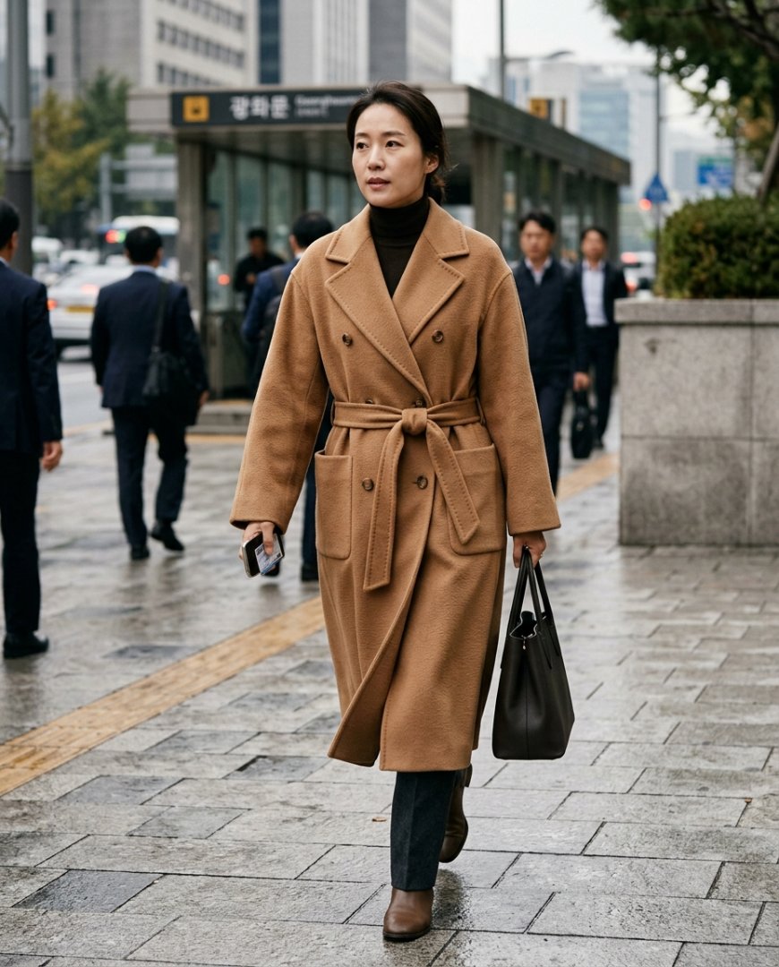 포멀한 코트와 슬랙스 착장을 보여주는 장면입니다.