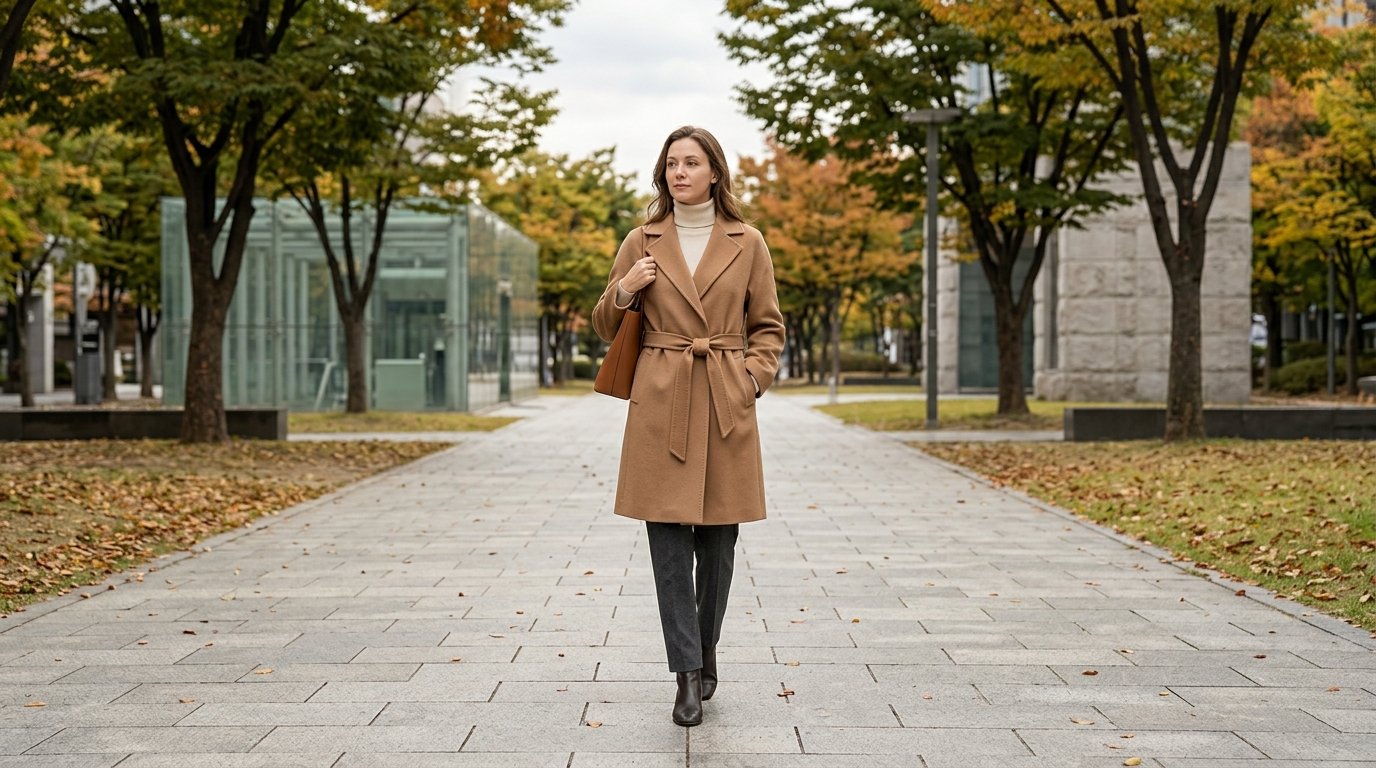 하프코트를 입은 모델들, 외부 광장에서 각기 다른 스타일을 연출하는 모습