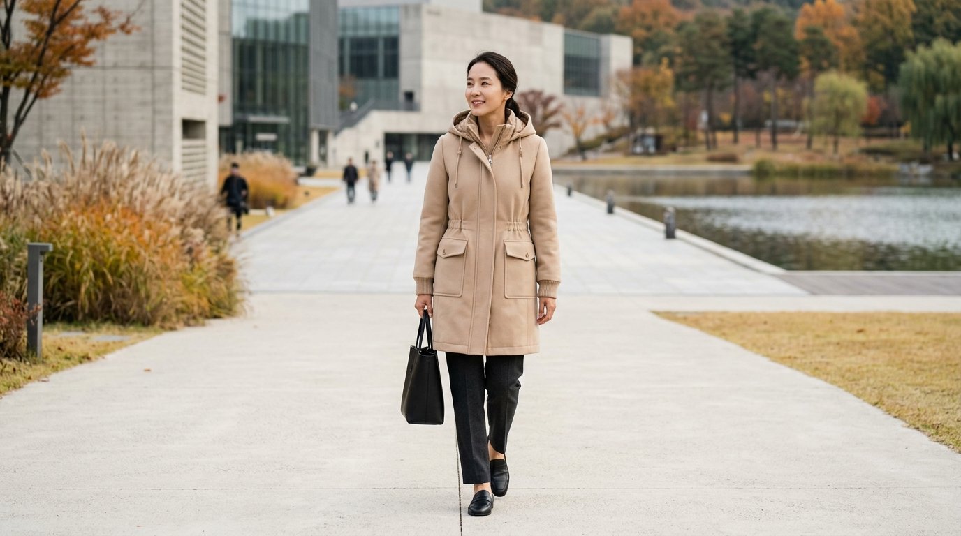 브라운과 블랙, 그린 점퍼들이 매장 전시 공간에 배열되어 있는 모습.