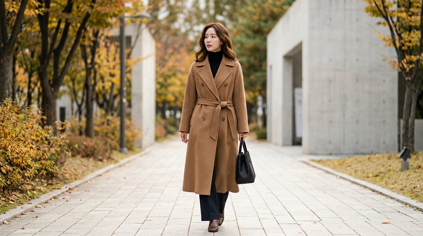 도심 거리를 배경으로 길게 늘어선 막스마라 롱코트 착장 모습