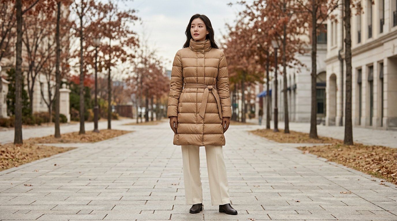 도심 가을 하늘 아래 다양한 연령대의 사람들이 패딩점퍼를 입고 있는 모습
