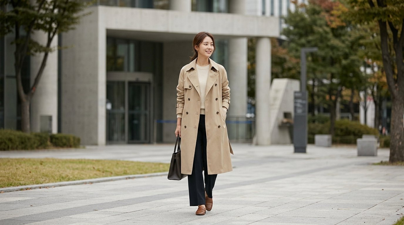 멋진 도심 배경에서 다양한 스타일로 트렌치코트를 착용한 모델들.