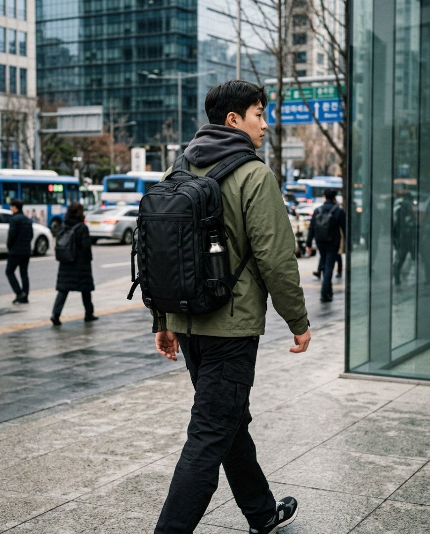 코트와 함께한 실용적인 백팩 착용
