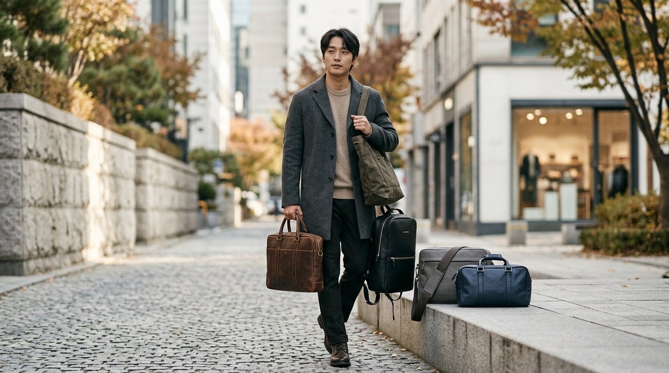 도심에서 시크한 크로스바디 가방을 든 남성의 모습