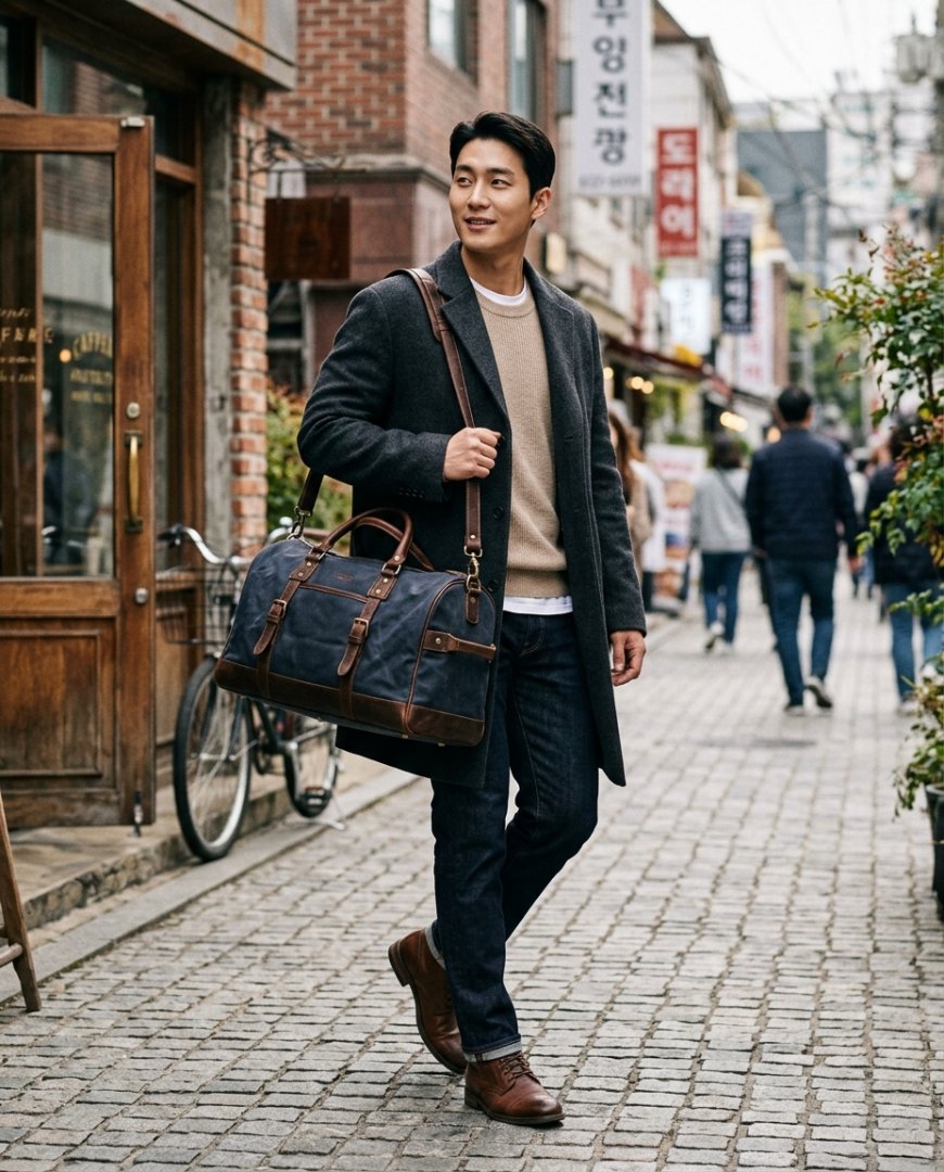 캐주얼한 복장과 크로스바디 가방을 매칭한 남성의 근접 사진