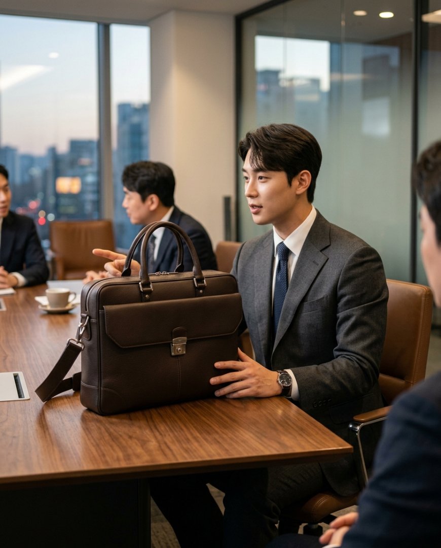 정장을 입고 가죽 토트백을 든 남성의 옆모습