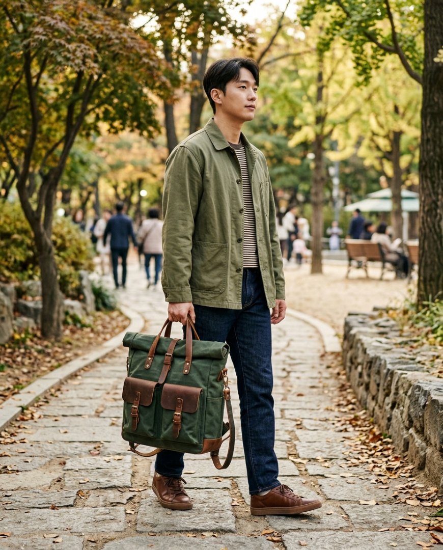 캐주얼 셔츠와 백팩을 멘 남성이 공원에서 걷고 있는 장면