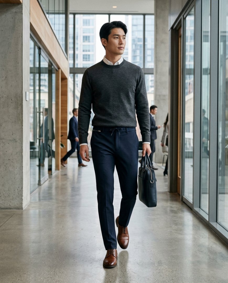 슬림핏 밴딩팬츠와 셔츠의 조합