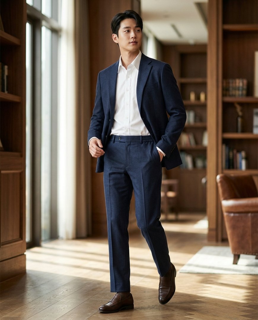 클래식 밴딩팬츠와 블레이저 조합의 패션